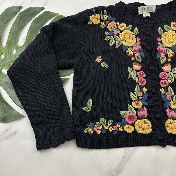 Michelle Stuart Womens Vintage 90s Cardigan Sweater Size M Black Yellow Floral - Picture 4 of 11